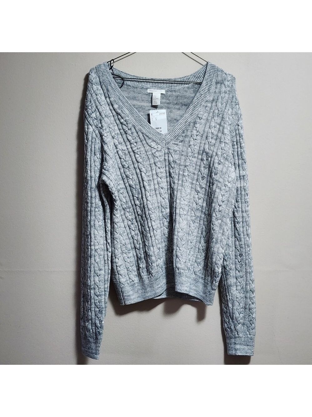H&M V neck cable knit sweater color light grey size medium